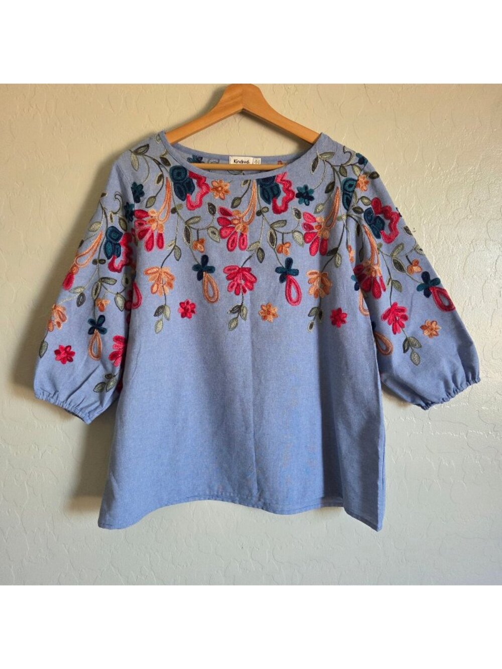 Kindred Embroidered 3/4 Sleeve Peasant Top Blue/Multi Size Womens XL Boho Artsy